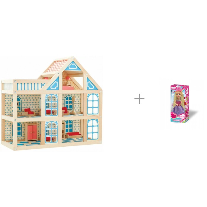 фото Мир деревянных игрушек кукольный домик 3 этажа и кукла карапуз машенька принцесса в розовом платье 15 см