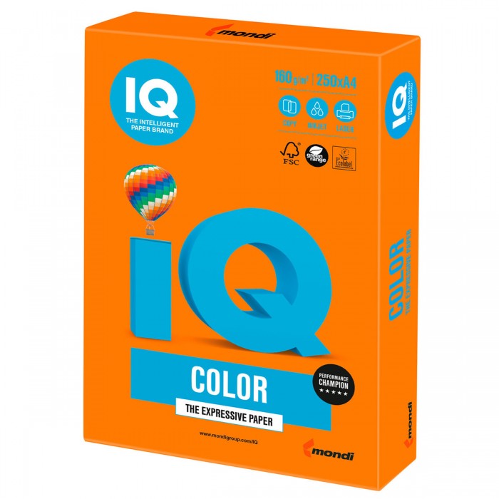 Канцелярия IQ Color Бумага цветная Интенсив А4 160 г/м2 250 листов бумага iq color а4 80 г м2 250 л 5 цв x 50 л цветная интенсив rb02