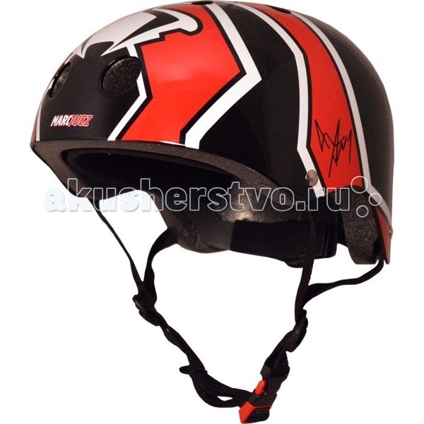 Kiddi Moto Шлем Marc Marquez с автографом гонщикаШлем Marc Marquez с автографом гонщика Kiddi Moto Шлем Marc Marquez с автографом гонщикаШлем Marc Marquez с автографом гонщикаШлем – лучший головной убор велосипедиста! Даже небольшое падение может закончиться тяжелыми последствиями, если ребенок ударится головой. Надежной защитой головы от ударов служит велосипедный шлем. Благодаря шлему поверхность удара увеличивается, а шлем вместо головы принимает всю силу удара на себя. Защитный шлем специально разработан, чтобы защитить голову ребенка и лоб от тяжелых травм при падениях. Рекомендуется всегда одевать шлем во время катания ребенка на велосипеде, самокате, роликовых коньках, скейте. Надежную защиту велосипедиста от ударов головой дает шлем, проверенный и сертифицированный по стандарту CE. Шлем должен использоваться по назначению! Ребенок не должен заниматься играми и лазаньем в защитном шлеме, так как, падая, он может зацепиться и повиснуть на ремне шлема. Застежка шлема не предназначена для автоматического открывания, в результате чего может наступить удушье. Ребенок, находящийся в шлеме, не должен оставаться без присмотра взрослого человека. После езды на детском транспорте необходимо снять защитный шлем. Шлем должен плотно держаться на голове ребенка в момент падения или другого происшествия. Поэтому важно подобрать ребенку шлем правильного размера. Шлем можно подогнать под голову ребенка с помощью мягких прокладок внутри шлема. Шлем надевают до уровня бровей так, чтобы он защищал виски и лоб, на которые обычно приходится удар при падении. Затем регулируют стропы. Стропы натянуты правильно, когда палец взрослого проходит между подбородком ребенка и стропами шлема и когда шлем плотно держится при наклоне головы вперед. Характеристики шлема: сверхлегкий корпус шлема сделан из специального прочного ABC-пластика внутренний корпус из EPS пены со съемной амортизирующей подкладкой соответствует стандартам ASTM F 1447, ANSI Z90-4, CPSC и CE для велосипедных шлемов удобная посадка - размер шлема легко регулируется на затылке с помощью притяжного крепления в виде колесика 11 отверстий для вентиляции головы ребенка регулирующиеся стропы для более плотной и правильной посадки шлема на голове ребенка классический дизайн и яркие расцветки Размеры: small - 48-53 см - 2-5 лет medium - 53-58 см - от 4 лет<br>