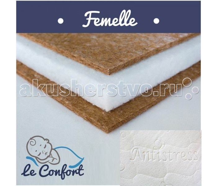 Матрас Le Confort Femelle 120х60х14Femelle 120х60х14 Матрас Le Confort Femelle 120х60х14Femelle 120х60х14Детский матрас Le Confort Femelle многофункциональный ортопедический, в состав которого входит: С двух сторон Bi-cocos 2 см – новейший материал, сочетающий в себе свойства искусственных и натуральных материалов. Поддерживает идеальный влаго - и воздухообмен во внутренних слоях матраса. Не вызывает аллергических реакций, не имеет запаха. Холлкон 10 см – это материал, полученный из синтетического полиэфирного волокна. Экологически чистый, нетоксичный, гипоаллергенный. Имеет высокую износоустойчивость. Съемный чехол - ткань «антистресс» Гигиеничный Воздухопроницаемый Непривлекателен для “пылевого клеща” Размер: 120 x 60 x 14 см<br>
