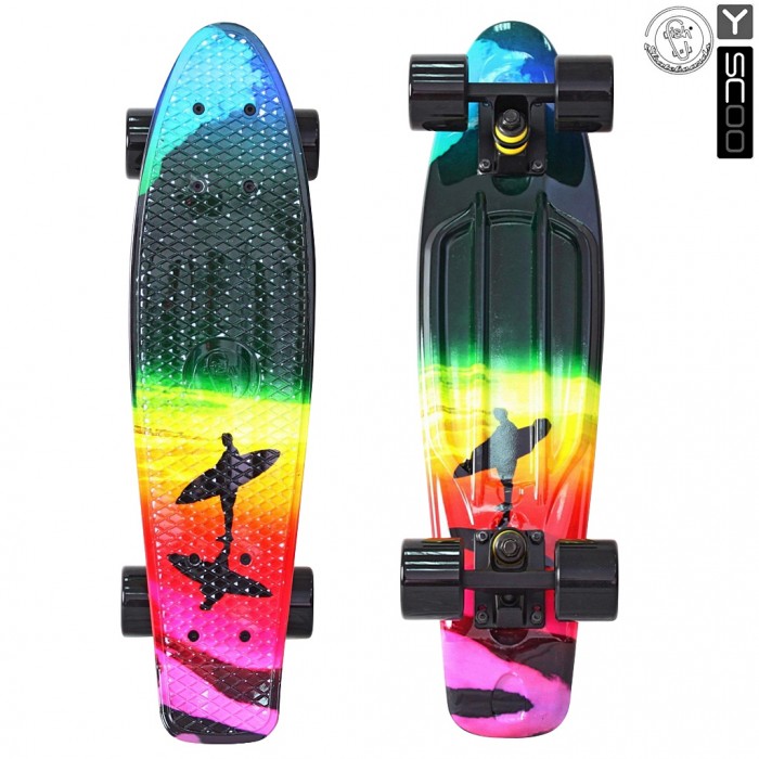 R-Toys Скейтборд Fishskateboard Print 22Скейтборд Fishskateboard Print 22 R-Toys Скейтборд Fishskateboard Print 22Скейтборд Fishskateboard Print 22Y-Scoo Скейтборд Fishskateboard Print 22 с сумкой - уникальное средство передвижения по городу и отличный способ заявить о себе в скейтпарке. Особенности: Сочетает в себе компактность, комфорт, отличную управляемость и является отличным способом времяпровождения для людей всех возрастов. Дека сделана из высокопрочного, гибкого винилового пластика и имеет рисунок в виде сот на рифленой поверхности. Это обеспечивает повышенную устойчивость и безопасность во время катания на скейтборде, такой рисунок не даст ногам райдера соскальзывать во время катания. Такая доска универсальна и подойдет для любого стиля катания. Тип - скейтборд с конкейвом. Конкейв (concave)- загнутость доски по всей её длине по бокам, а также угол подъёма носа и хвоста. Чем глубже конкейв, тем лучше чувствуется доска во время трюков, легче закручивается и легче приземляться. Чем короче хвост (или нос) и чем больше у него угол подъёма, тем выше получается ollie, чем длиннее, тем легче делать nose и tailslide. Длина деки: 57 см, ширина: 15 см. Высокопрочная подвеска из алюминиевого сплава покрытая высокотехнологичной краской - 8 см. Двойной концевой загиб Double Kick. Амортизаторы жесткостью 82А. Подшипник ABEC 7 Chrome. Никелированные болты. Колёса полиуретановые: PU - Super High Rebound колеса 60х45 мм, жесткость 82А. Очень важно в колесах: чем больше жесткость, тем больше скорость. Монтажные болты, покрытые специальной краской, гайки с супермягкими прокладками. Небольшой вес скейтборда (всего 1,8 кг) делают его маневренным и легким в транспортировке. Е Максимальная нагрузка 100 кг. Размер: 56,6х15 см<br>