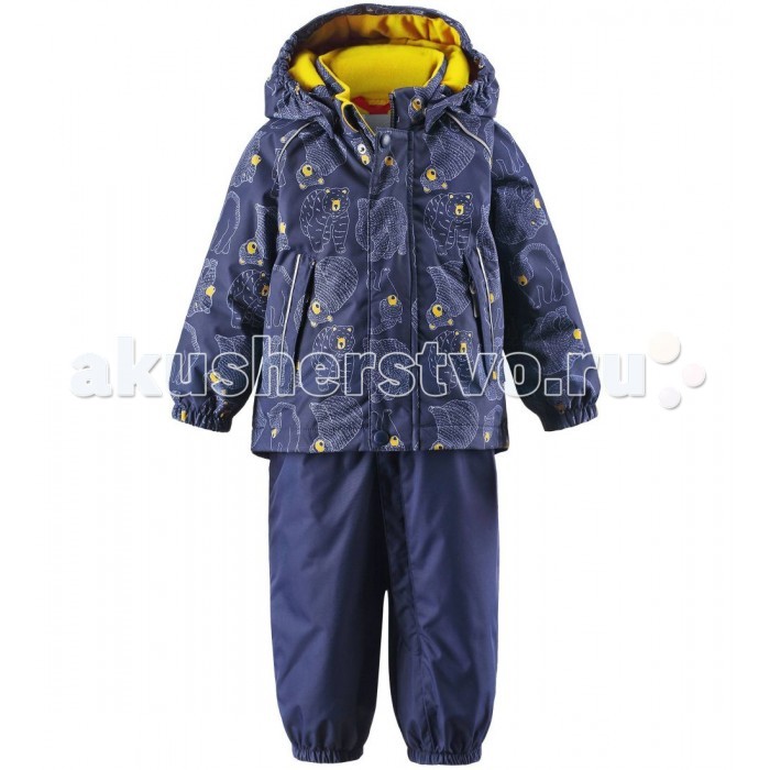 Reima Зимний комплект BjornЗимний комплект Bjorn Reima Зимний комплект BjornЗимний комплект BjornЯркие цвета сезона и весёлый принт обязательно оживят морозное утро, если малыш оденет этот водоотталкивающий зимний комплект! Зимняя куртка и брюки для малышей сшиты из ветронепроницаемого, пропускающего воздух материала, поверхность которого отталкивает грязь и влагу. Все швы проклеены, водонепроницаемы, чтобы случайный снег или дождик не прервал весёлую прогулку. Куртка с подкладкой из гладкого полиэстера легко надевается и удобно носится с тёплым промежуточным слоем. Курточка оснащена специальными кнопками Reima PlayLayers для пристегивания - промежуточного слоя к верхней одежде. Куртка прямого покроя с безопасным съёмным капюшоном. Если закреплённый кнопками капюшон зацепится за что-нибудь, он легко отстегнётся. Завышенная талия и регулируемые подтяжки гарантируют, что брюки будут сидеть по фигуре, а длинная молния впереди облегчает одевание. Благодаря дополнительно утеплённой задней части брюк малыши не замёрзнут, катаясь на санках и скользя в снегу. Эластичные штрипки удержат концы брючин на своём месте во время прогулки. Характеристики: Зимний комплект для малышей Все швы проклеены и водонепроницаемы Водоотталкивающий, ветронепроницаемый, дышащий и грязеотталкивающий материал Утепленная задняя часть изделия Гладкая подкладка из полиэстра Безопасный, съемный капюшон Эластичные манжеты Высокая талия брюк с регулируемыми подтяжками Прочные силиконовые штрипки Длинная молния для легкого одевания Два прорезных кармана Безопасные светоотражающие детали Температурный режим до -20 градусов Состав: Верх - 100% Полиамид, полиуретановое покрытие, подкладка - 100% полиэстер, утеплитель - синтетический Брюки - 140 гр, Куртка - 160 гр. Уход: Стирать по отдельности, вывернув наизнанку. Застегнуть молнии и липучки. Стирать моющим средством, не содержащим отбеливающие вещества. Полоскать без специального средства. Во избежание изменения цвета изделие необходимо вынуть из стиральной машинки незамедлительно после окончания программы стирки. Сушить при низкой температуре.<br>