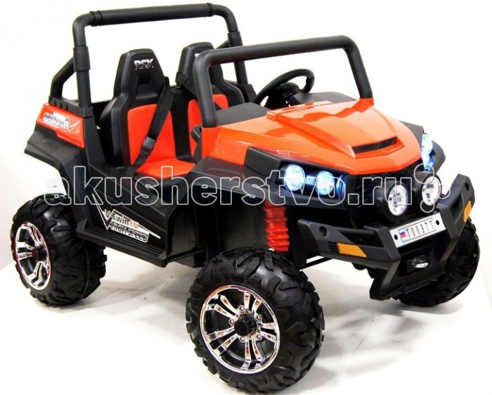 Электромобиль RiverToys Buggy T009TTBuggy T009TT Электромобиль RiverToys Buggy T009TTBuggy T009TTЭлектромобиль RiverToys Buggy T009TT - это необыкновенный огромный двухместный электромобиль с полным приводом на резиновых колесах EVA. Агрессивный вид багги не оставит равнодушным юных экстремалов! Это двухместный электромобиль, рассчитанный на двух детей, с высоким дорожным просветом (27 см) на колесах из EVA-резины, с мощным анти-пробуксовочным протектором ( ширина шины 19 см). Он имеет четыре усиленных редуктора, что переводит его в раздел полноприводных авто. Из расчета на езду по бездорожью, длительную поездку и на два посадочных места - он укомплектован двумя аккумуляторами по 12V- это делает поездку увлекательней не только одному, но и двоим детишкам. Аккумуляторы легко сменить на запасные за счет открывающегося капота. Это придает правдоподобность настоящего авто. Для страховки на сиденье имеется 2 отдельных ремня безопасности. Несмотря на самостоятельное управление авто ребенком, к нему также предусмотрен индивидуальный пульт управления, что дает возможность контролировать поездку взрослыми. Сиденье имеет перфорированную вставку из дышащей ЭКО-кожи. Как в оригинальных внедорожниках, в нем очень грамотно создана панель приборов- ничего лишнего, все просто и понятно. Имеется автоматическая коробка передач, удобная панель для переключения кнопками с уровнем заряда батареи и справа имеется ручка-держатель для пассажира. За сиденьем имеется большое багажное отделение для перевозки нужного снаряжения или емкости с водой- для этого в багажнике имеется два отделения для бутылок из расчета на двоих пассажиров. Световые и звуковые эффекты также соответствуют его статусу вездеход - яркие передние и боковые диодные фары в количестве 6-ти штук, громкий звук сигнала на руле и музыкальное сопровождение, чтобы поездка на нем поистине создавала впечатление экстрима! Особенности: Просторный и большой вездеход для детей от 3 до 9 лет Полный привод позволяет проехать по любой дорожной поверхности и взять любые препятствия за считанные секунды Два аккумулятора по 12V7Ah - до 2 часов непрерывного катания; Электромобиль имеет достаточно высокий клиренс, который позволяет проехать по неровной дорожной поверхности Качественные резиновые колеса - комфортное катание в любой ситуации Электромобиль выполнен на качественном металлическом каркасе Прочный корпус из закаленного полипропилена Покрытие не выгорает на солнце и устойчиво к образованию царапин Отличные световые эффекты: свет передних, задних и верхних фар, подсветка бампера, подсветка приборной панели - отличная видимость машинки в темное время суток Передняя стойка без стекла - отличная видимость на дороге Имитация зеркал заднего вида Сзади расположен открытый багажник для игрушек или других вещей Просторный салон для двух детей Два раздельных сидения с мягким, кожаным чехлом Каждое сидение оборудовано плечевым ремнем безопасности, которые дети постарше смогут использовать, как поясные ремни Удобный в обхвате руль для комфортного управления Реалистичная приборная панель с магнитолой Приборная панель оснащена неоновой подсветкой Подключайте смартфон, планшет, МР3 плеер или Micro SD через разъемы AUX, USB и слот для SD card и слушайте любимую музыку во время катания или простоя Электромобиль включается с помощью кнопки Звуковой сигнал и свет фар, включаются с помощью кнопок на приборной панели Электромобиль оснащен индивидуальным пультом дистанционного управления, который работает через интерфейс Bluetooth Пульт дистанционного управления позволяет управлять электромобилем с расстояния свыше 30 метров Джип оснащен двумя скоростями для движения вперед и одной задней скоростью Развивает скорость до 7 км/ч Время беспрерывной работы на одном заряде аккумулятора: до 2 часов; Время зарядки аккумуляторов: 8-10 часов Максимально удобная эксплуатация: газ и тормоз совмещены в одной педали (нажатие - газ, отпускание - тормоз).<br>
