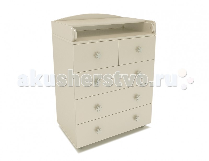 Комод СКВ Компани 70005 (5 ящиков)70005 (5 ящиков) Комод СКВ Компани 70005 (5 ящиков)70005 (5 ящиков)Комод СКВ Компани 70005 (5 ящиков) Внимание! Цвет ручек может отличатся от представленного на фото! Удобный комод на колесиках 70005 с откидным пеленальным столиком и 5 вместительными ящиками для хранения. Для производства комодов пеленальных используются только экологически чистые материалы – безвредные для малыша. Детали из ламинированной ДСП (древесно-стружечная плита) изготавливаются из высококачесвенных плит, соответствующих стандартам безопасности. Фасады комода с фрезеровкой выполняются из МДФ (древесноволокнистая плита средней плотности). В нашей мебели используются качественные фурнитура и комплектующие российского, немецкого и итальянского производства. Кромка изделия создана из влагостойкого АБС-пластика итальянского производства, который, не смотря на свою эластичность, имеет повышенную ударопрочность. Благодаря этому мебель надолго сохранит свой внешний вид, идеальные углы. Мягкость материала снижает вероятность ушибов и болевых ощущений у ребенка при ударе о кромку. Пеленальный столик закреплен на подвижном откидном механизме высокой прочности, поэтому безопасность ребенка на нем во время пеленания, переодевания либо массажа гарантирована. Имеет просторные размеры 80 х 70 см Также для детской защиты выполнены боковые борты с закругленными углами. В сложенном состоянии пеленальный столик превращается в дополнительную полку и нишу для вещей. При желании полку можно снять. Оригинальные фигурные ручки на ящиках не расшатываются и придают изделию уникальности. К комоду прикреплены 4 вращающихся колеса, за счет которых его можно легко передвигать при необходимости (уборка, перестановка). Мягкий пластик на каждом колесе обеспечивает бесшумное движение по половому покрытию, а также защищает его от царапин. Размер пеленального места: 73 х 73 см<br>