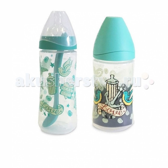 Бутылочка Suavinex XL Love пластик с силиконовой соской 270 и 360 мл + ложка