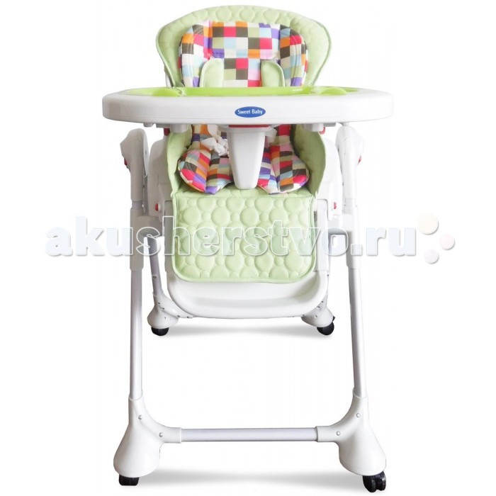 Стульчик для кормления Sweet Baby Luxor MulticolorLuxor Multicolor Стульчик для кормления Sweet Baby Luxor MulticolorLuxor MulticolorСтульчик для кормления Sweet Baby Luxor Multicolor – теперь это не просто стул для кормления, а и колыбель, в которой Ваш малыш сможет прекрасно отдохнуть. Особенности: Новая функция делает изделие крайне удобным. Она убивает сразу двух зайцев: малышу обеспечен крепкий сон, а маме – возможность заняться чем-то параллельно. Вы с огромным удовольствием будете пользоваться стульчиком с первых дней жизни малыша и до достижения им 3-летнего возраста. Сидение выполнено из безопасной гипоалергенной экокожи, на нем расположен мягкий вкладыш, который легко снимается. Сидение достаточно широкое и оснащено анатомическим разделителем для ножек – Вашему малышу будет очень комфортно с первых минут пребывания в нем. Спинка стульчика наклоняется в 3 позициях и имеет 5 уровней высоты – в любой момент Вы можете выбрать оптимальное положение. Максимальная высота спинки – 103 см, а максимальный угол наклона – 170°С. Подножка имеет не только 3 угла наклона, но может удлиняться также в 3 позиции – по мере роста Вашего малыша. Поднос выполнен из прочного пластика и оборудован съемной накладкой. Поверхность легко снимается, а для удобства хранения может быть подвешена на задние ножки. Поднос фиксируется в 3 различных положениях и имеет 2 углубления под стаканчики. Уход за подносом не вызывает затруднений: Вы можете его помыть как самостоятельно, так и в посудомоечной машине. Специальная корзинка – и любимые игрушки всегда под рукой! 4 колесика делают стульчик очень маневренным, а тормоза на каждом колесике надежно его закрепляют. 5-точечный ремень безопасности фиксирует положение малыша в плечах, ножках и животике и регулируется в объеме. Ручной Механизм КАЧАНИЯ сидения (вперед-назад)<br>