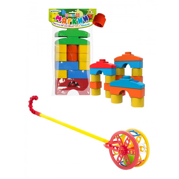 Развивающие игрушки Тебе-Игрушка Мягкий конструктор для малышей Кнопик 14 деталей + Каталка Колесо