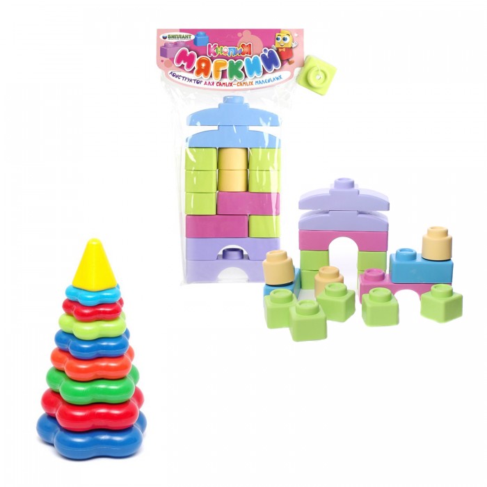 Развивающие игрушки Тебе-Игрушка Пирамида детская большая + Мягкий конструктор для малышей Кнопик 14 деталей
