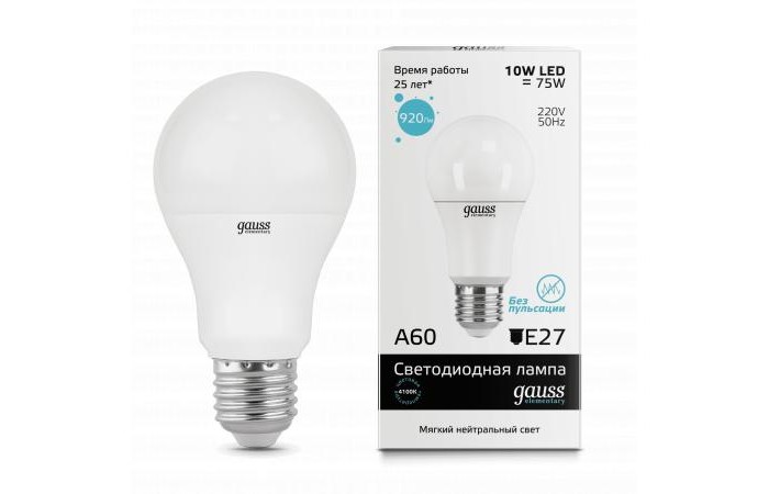  Gauss  Elementary LED A60 10W E27 920lm 4100K