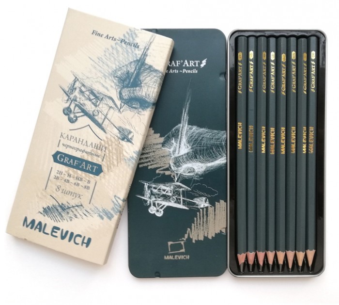 Малевичъ Набор чернографитных карандашей Graf'Art в металлической коробке 8 шт.