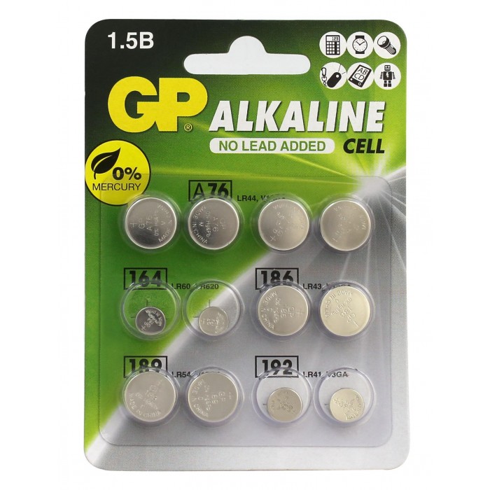  GP   Alkaline 1.5 V LR44, LR41, LR621, LR43, LR54   12 .