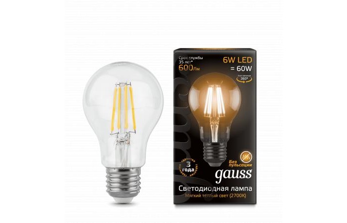  Gauss  Filament LED A60 E27 6W 600lm 2700